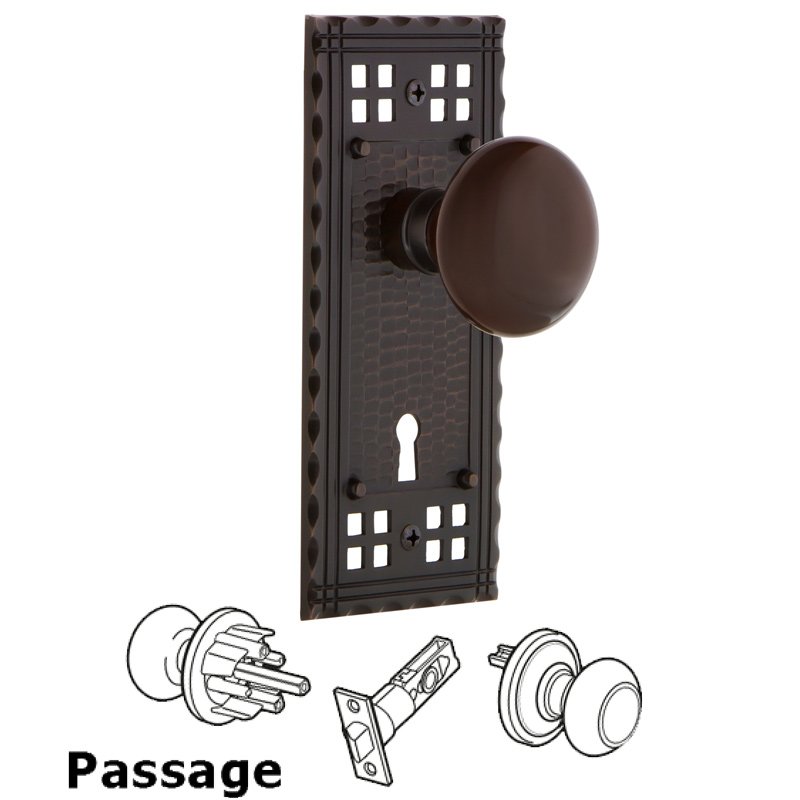 Passage Craftsman Plate with Keyhole and Brown Porcelain Door Knob in Timeless Bronze