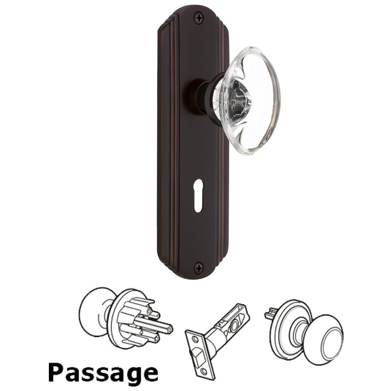 Complete Passage Set with Keyhole - Deco Plate with Oval Clear Crystal Glass Door Knob in Timeless Bronze