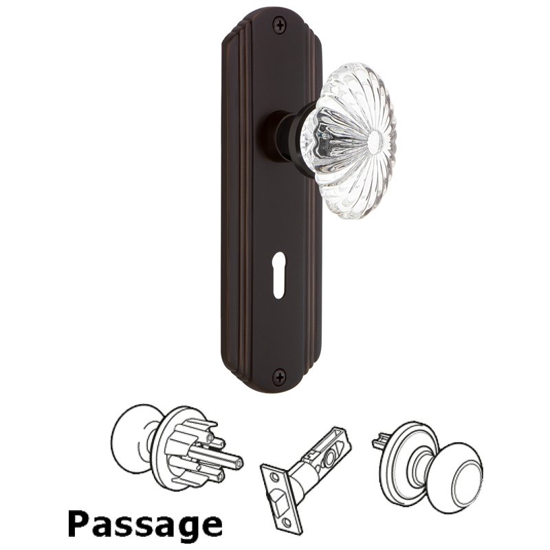 Passage Deco Plate with Keyhole and Oval Fluted Crystal Glass Door Knob in Timeless Bronze