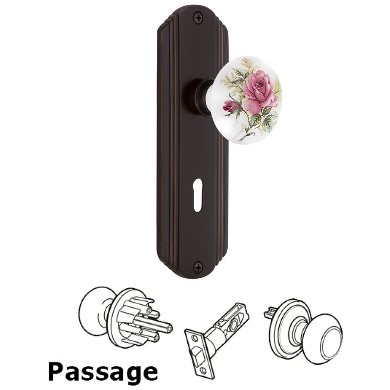 Passage Deco Plate with Keyhole and White Rose Porcelain Door Knob in Timeless Bronze