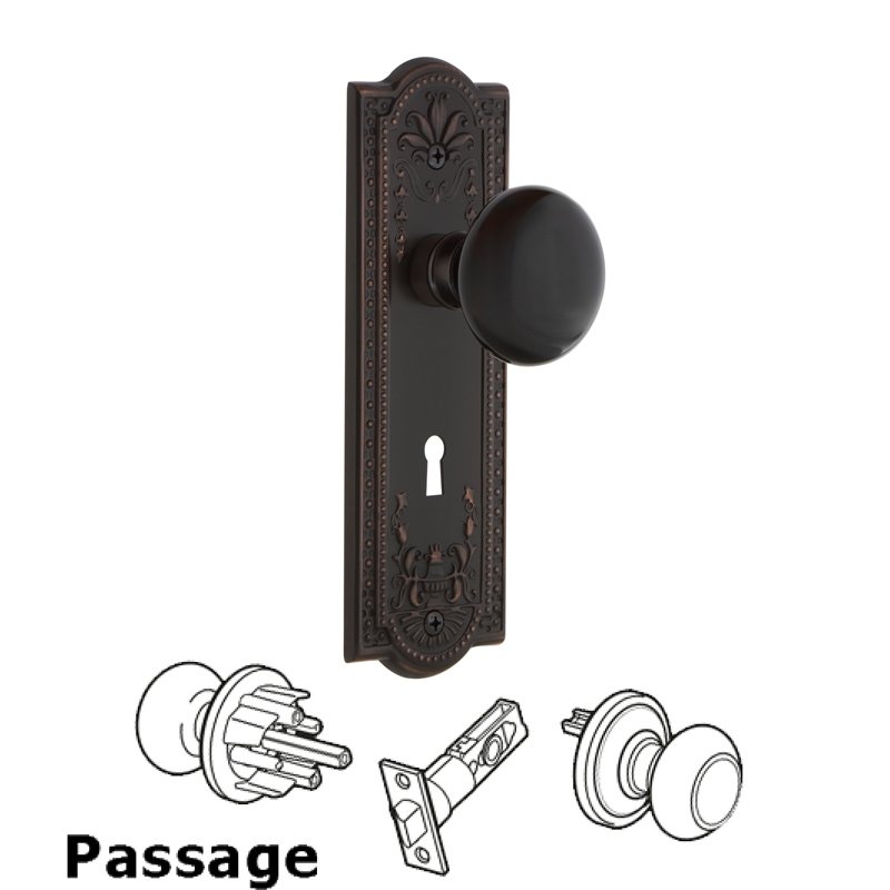Complete Passage Set with Keyhole - Meadows Plate with Black Porcelain Door Knob in Timeless Bronze