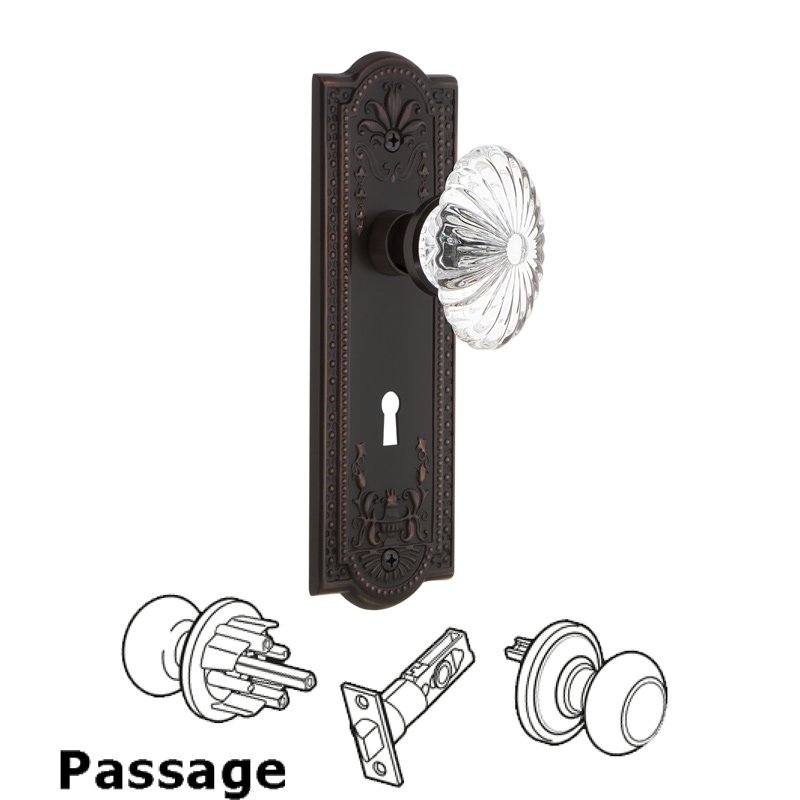 Complete Passage Set with Keyhole - Meadows Plate with Oval Fluted Crystal Glass Door Knob in Timeless Bronze
