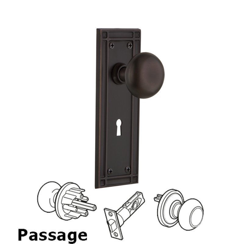 Complete Passage Set with Keyhole - Mission Plate with New York Door Knobs in Timeless Bronze