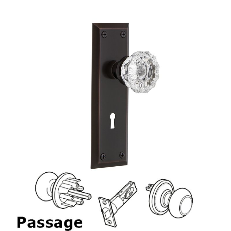 Complete Passage Set with Keyhole - New York Plate with Crystal Glass Door Knob in Timeless Bronze