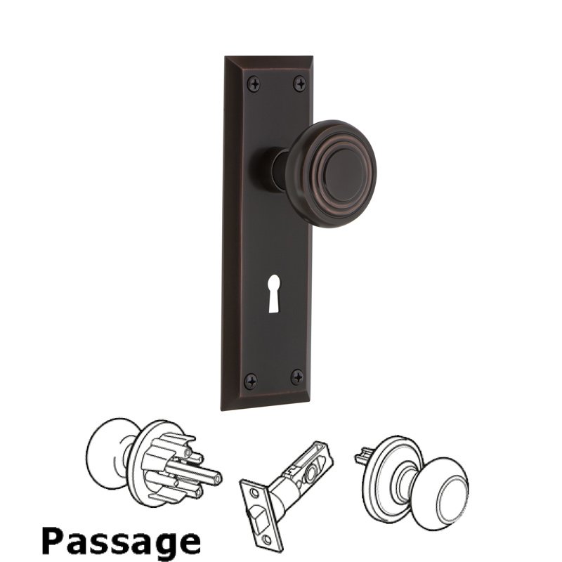 Complete Passage Set with Keyhole - New York Plate with Deco Door Knob in Timeless Bronze