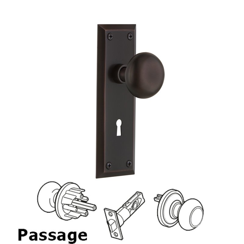Complete Passage Set with Keyhole - New York Plate with New York Door Knobs in Timeless Bronze