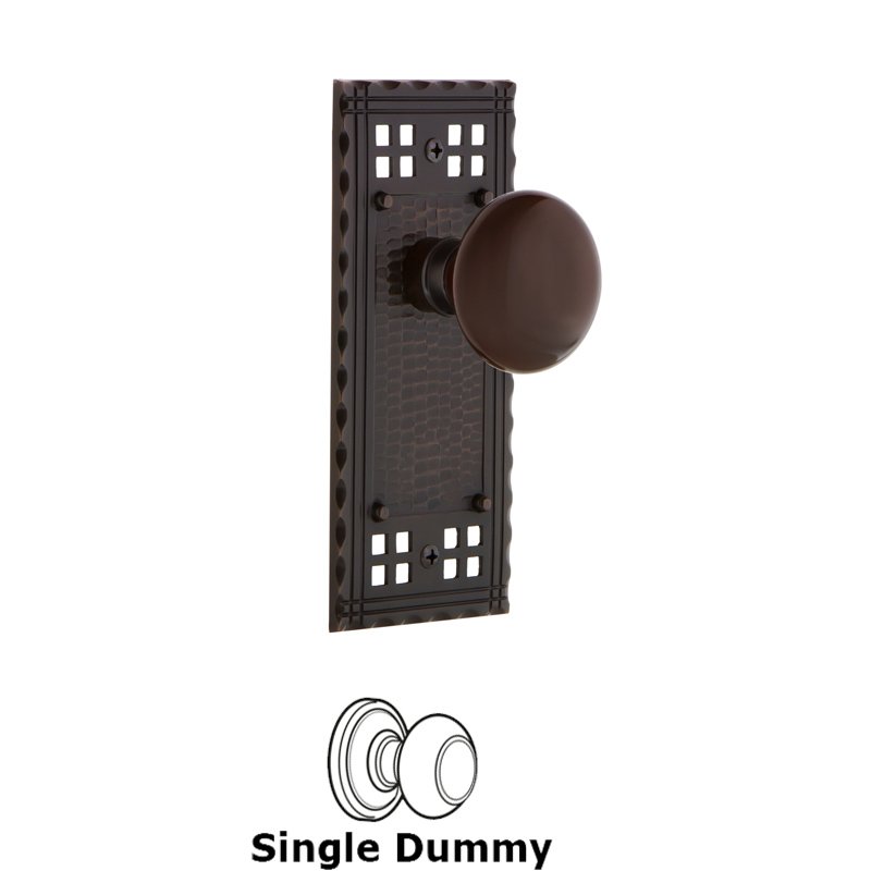 Single Dummy - Craftsman Plate with Brown Porcelain Door Knob in Timeless Bronze