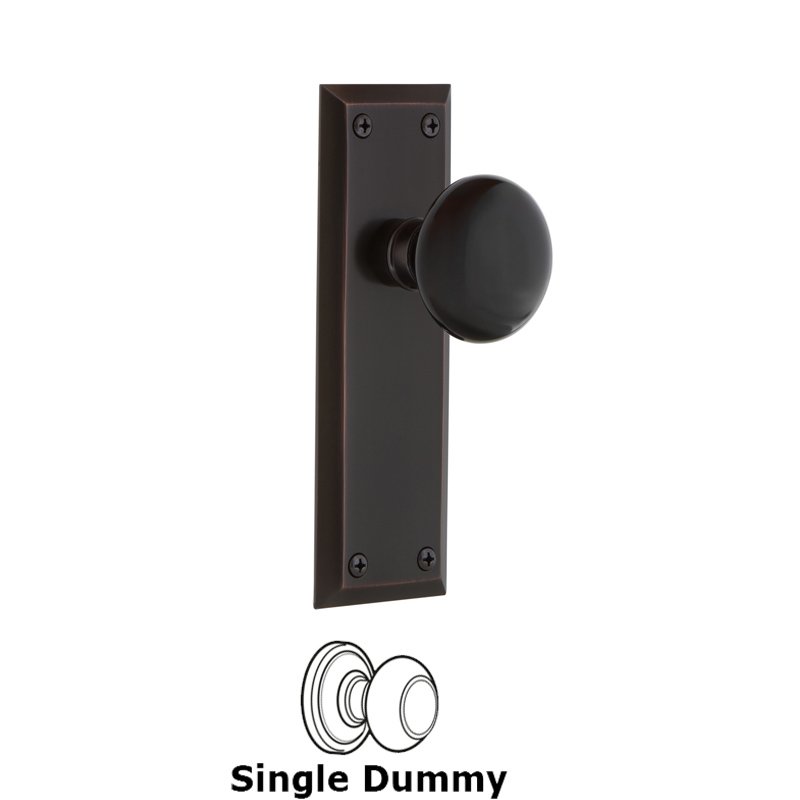 Single Dummy - New York Plate with Black Porcelain Door Knob in Timeless Bronze