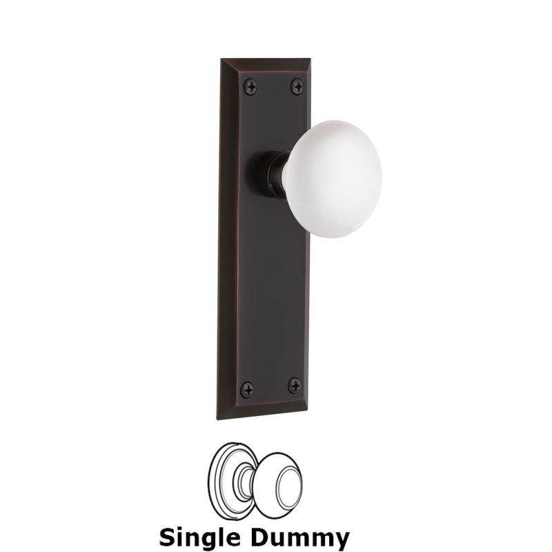 Single Dummy - New York Plate with White Porcelain Door Knob in Timeless Bronze