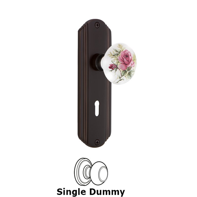 Single Dummy with Keyhole - Deco Plate with White Rose Porcelain Door Knob in Timeless Bronze