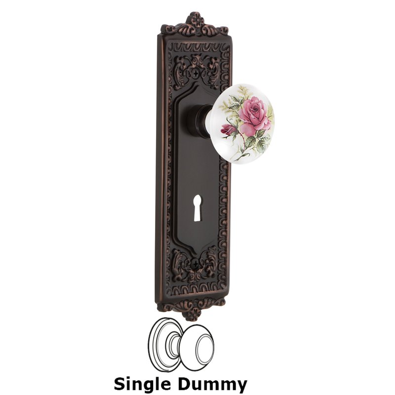 Single Dummy with Keyhole - Egg & Dart Plate with White Rose Porcelain Door Knob in Timeless Bronze