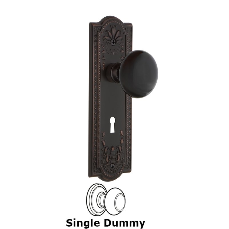 Single Dummy with Keyhole - Meadows Plate with Black Porcelain Door Knob in Timeless Bronze