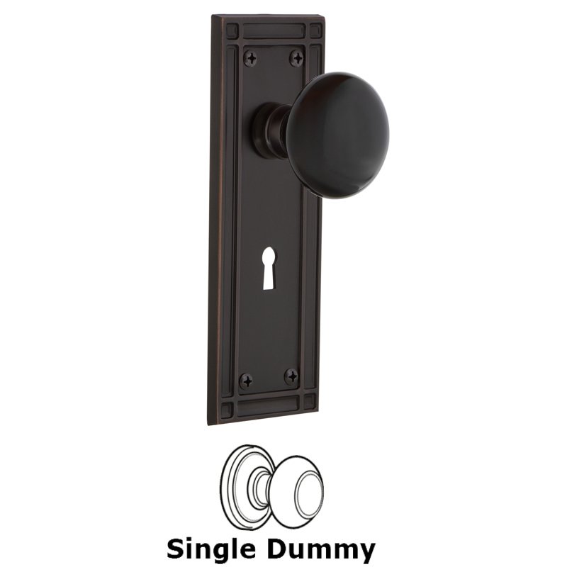 Single Dummy with Keyhole - Mission Plate with Black Porcelain Door Knob in Timeless Bronze