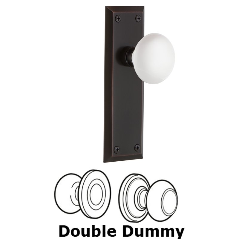 Double Dummy Set - New York Plate with White Porcelain Door Knob in Timeless Bronze