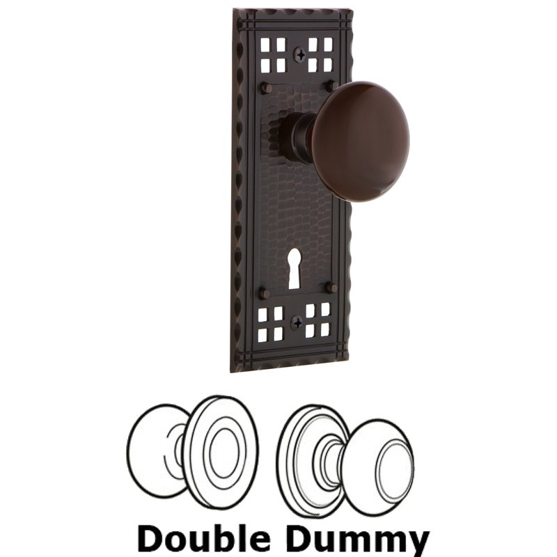 Double Dummy Set with Keyhole - Craftsman Plate with Brown Porcelain Door Knob in Timeless Bronze