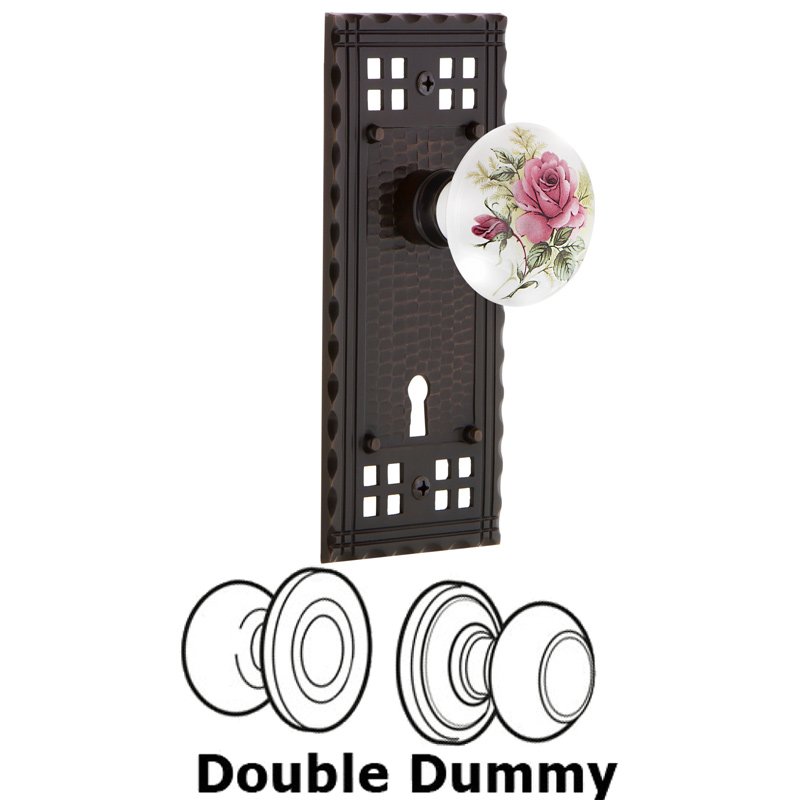 Double Dummy Set with Keyhole - Craftsman Plate with White Rose Porcelain Door Knob in Timeless Bronze