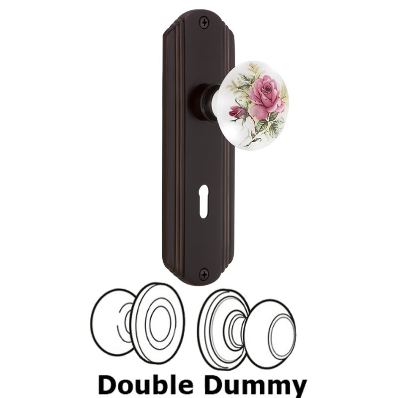 Double Dummy Set with Keyhole - Deco Plate with White Rose Porcelain Door Knob in Timeless Bronze