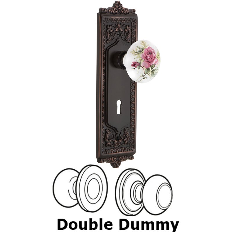 Double Dummy Set with Keyhole - Egg & Dart Plate with White Rose Porcelain Door Knob in Timeless Bronze
