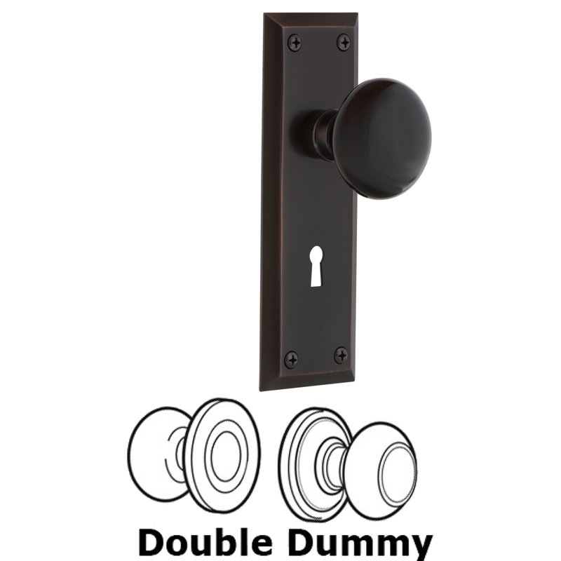 Double Dummy Set with Keyhole - New York Plate with Black Porcelain Door Knob in Timeless Bronze