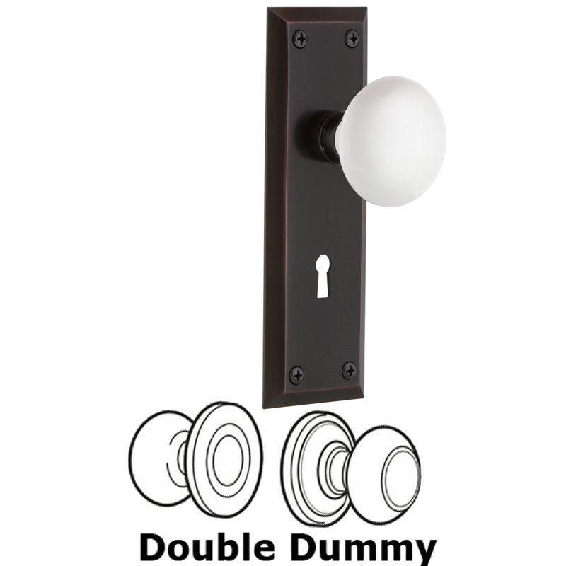 Double Dummy Set with Keyhole - New York Plate with White Porcelain Door Knob in Timeless Bronze