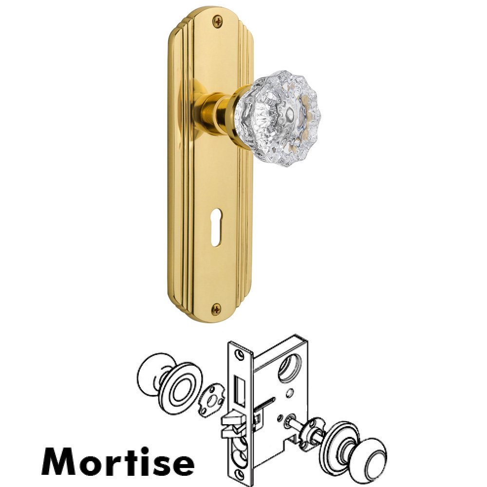 Complete Mortise Lockset - Deco Plate with Crystal Knob in Polished Brass