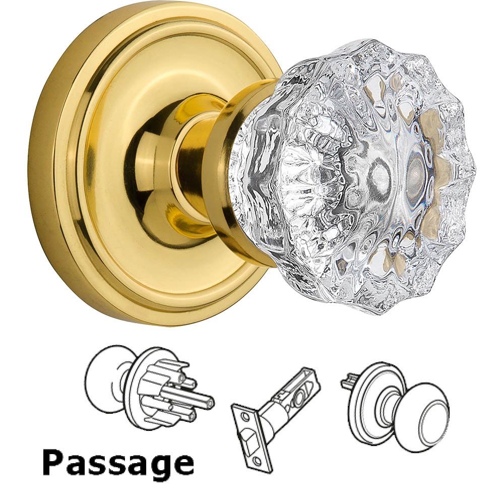 Passage Knob - Classic Rose with Crystal Door Knob in Polished Brass
