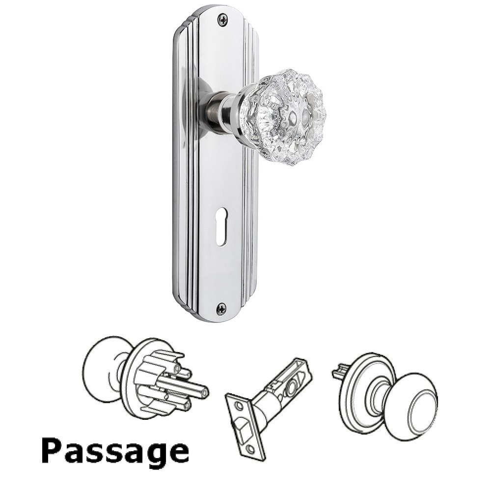 Complete Passage Set With Keyhole - Deco Plate with Crystal Knob in Bright Chrome