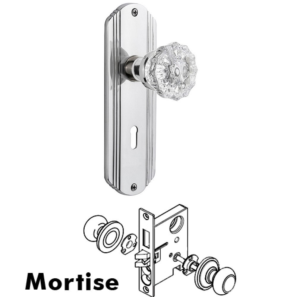 Complete Mortise Lockset - Deco Plate with Crystal Knob in Bright Chrome