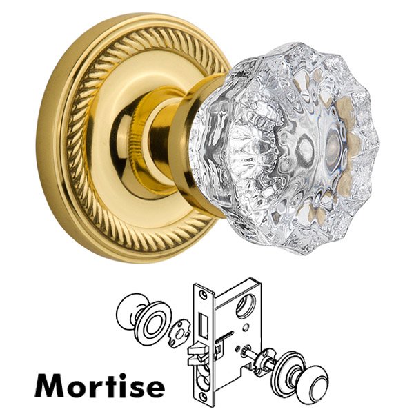 Mortise Knob - Rope Rosette with Crystal Door Knob in Polished Brass