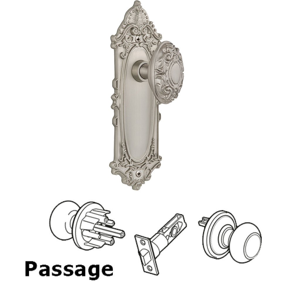 Passage Knob - Victorian Plate with Victorian Door Knob in Satin Nickel