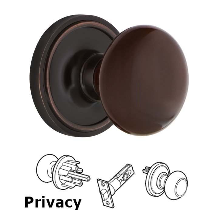 Complete Privacy Set - Classic Rosette with Brown Porcelain Door Knob in Timeless Bronze