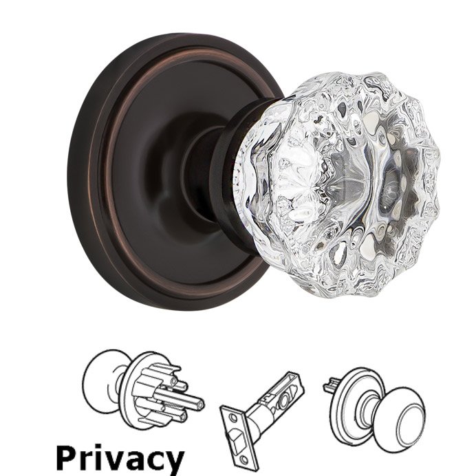 Complete Privacy Set - Classic Rosette with Crystal Glass Door Knob in Timeless Bronze