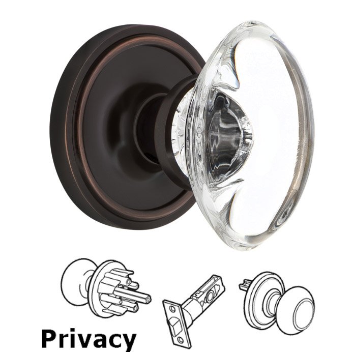 Complete Privacy Set - Classic Rosette with Oval Clear Crystal Glass Door Knob in Timeless Bronze