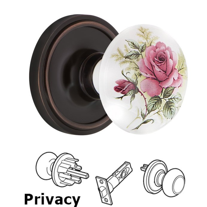 Complete Privacy Set - Classic Rosette with White Rose Porcelain Door Knob in Timeless Bronze