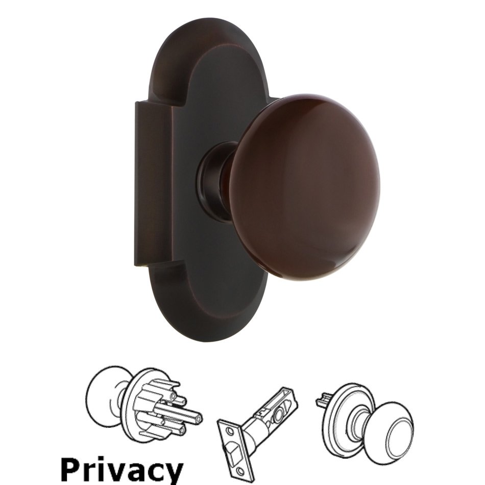 Complete Privacy Set - Cottage Plate with Brown Porcelain Door Knob in Timeless Bronze