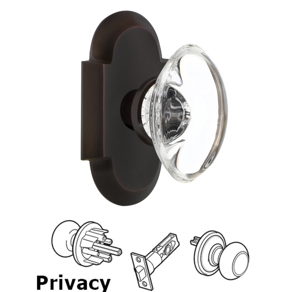 Complete Privacy Set - Cottage Plate with Oval Clear Crystal Glass Door Knob in Timeless Bronze