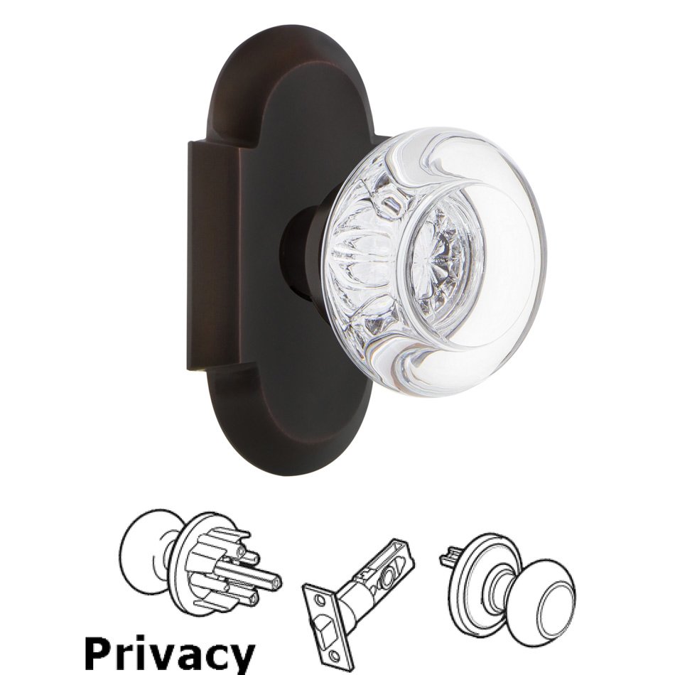 Complete Privacy Set - Cottage Plate with Round Clear Crystal Glass Door Knob in Timeless Bronze