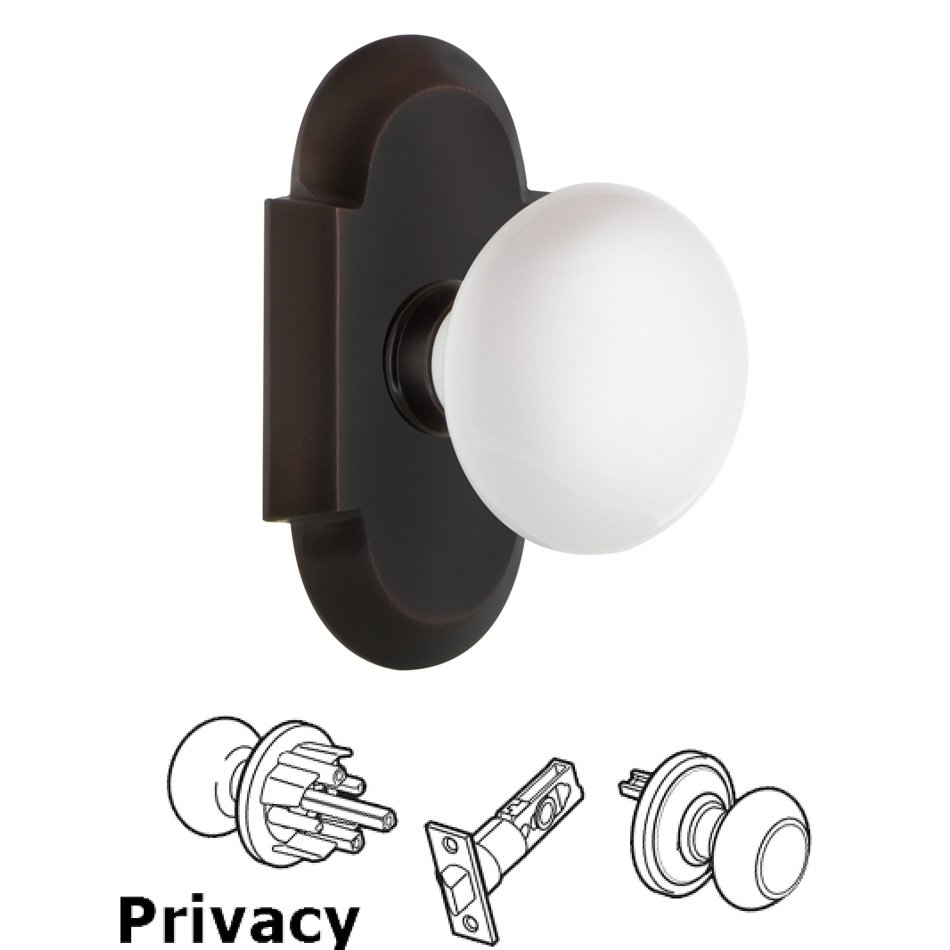 Complete Privacy Set - Cottage Plate with White Porcelain Door Knob in Timeless Bronze