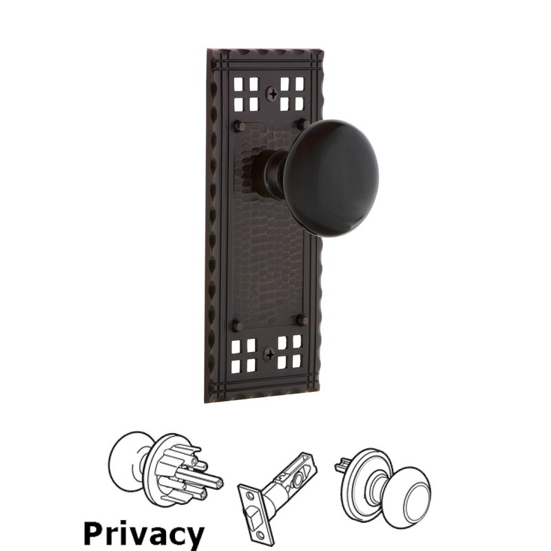 Privacy Craftsman Plate with Black Porcelain Door Knob in Timeless Bronze