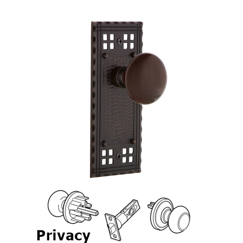 Privacy Craftsman Plate with Brown Porcelain Door Knob in Timeless Bronze