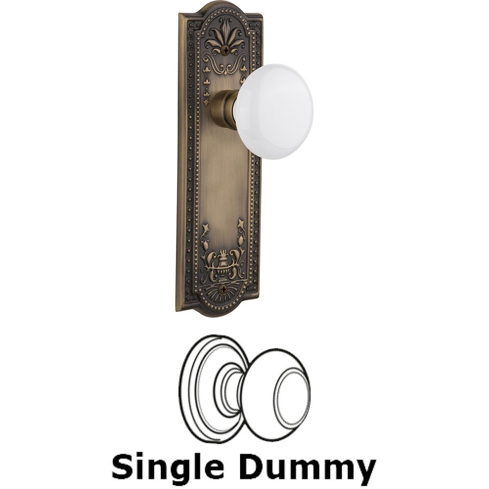Single Dummy Knob - Meadows Plate with White Porcelain Knob in Antique Brass