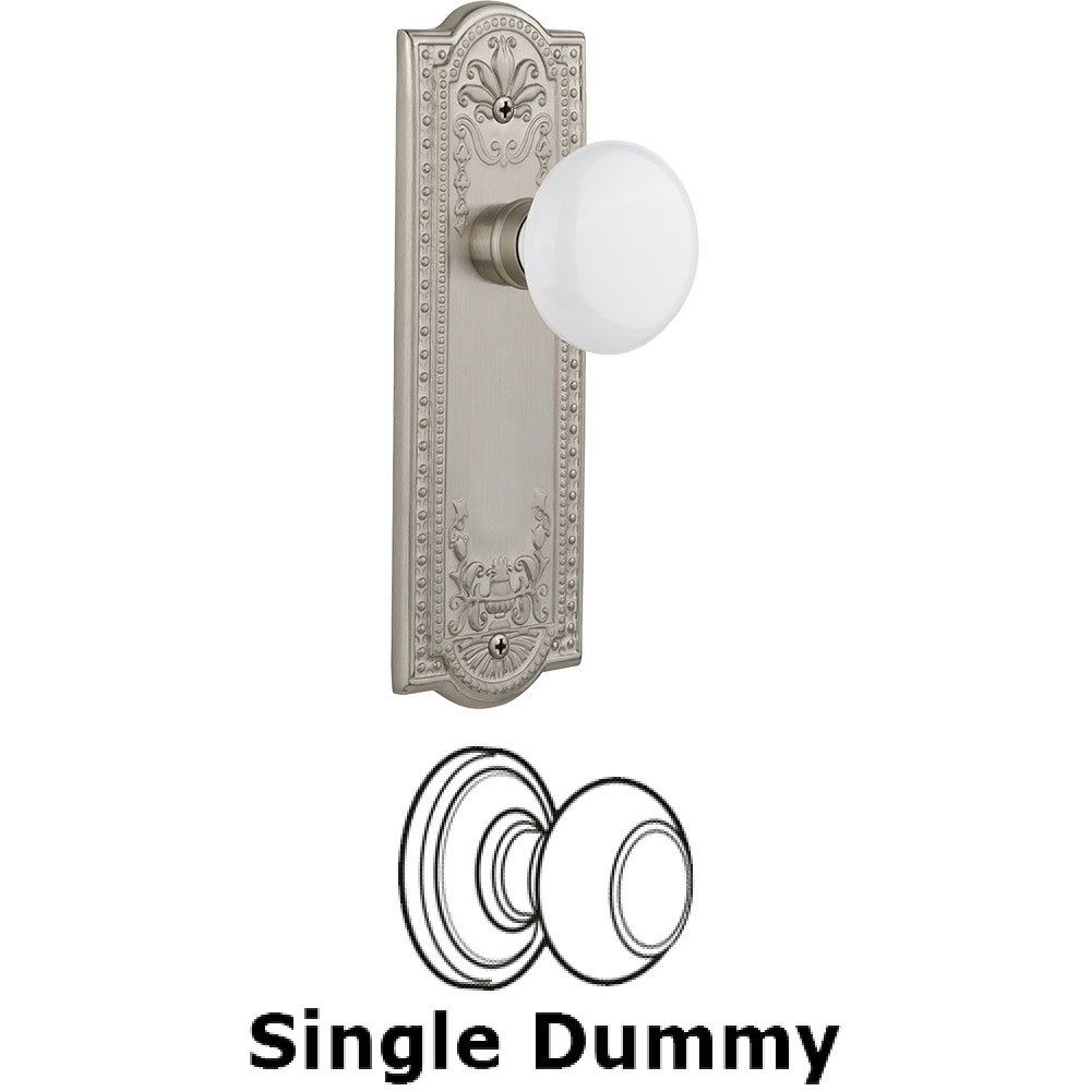 Single Dummy Knob - Meadows Plate with White Porcelain Door Knob in Satin Nickel