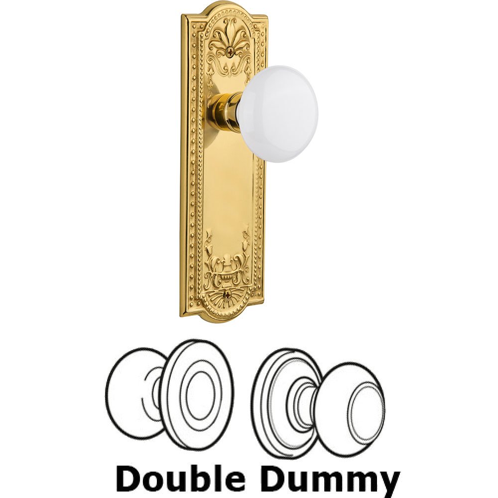 Double Dummy Knob - Meadows Plate with White Porcelain Door Knob in Polished Brass