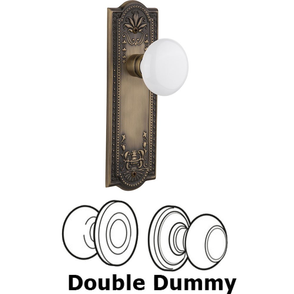 Double Dummy Knob - Meadows Plate with White Porcelain Knob in Antique Brass