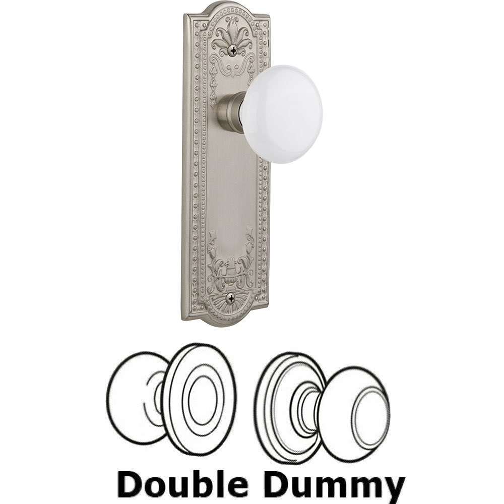 Double Dummy Knob - Meadows Plate with White Porcelain Door Knob in Satin Nickel