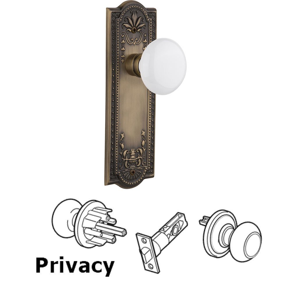 Privacy Knob - Meadows Plate with White Porcelain Knob in Antique Brass