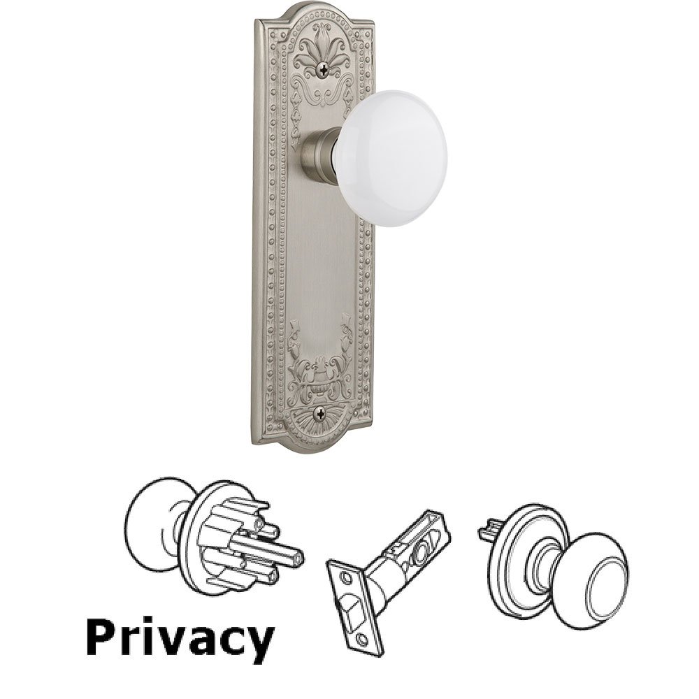 Privacy Knob - Meadows Plate with White Porcelain Door Knob in Satin Nickel