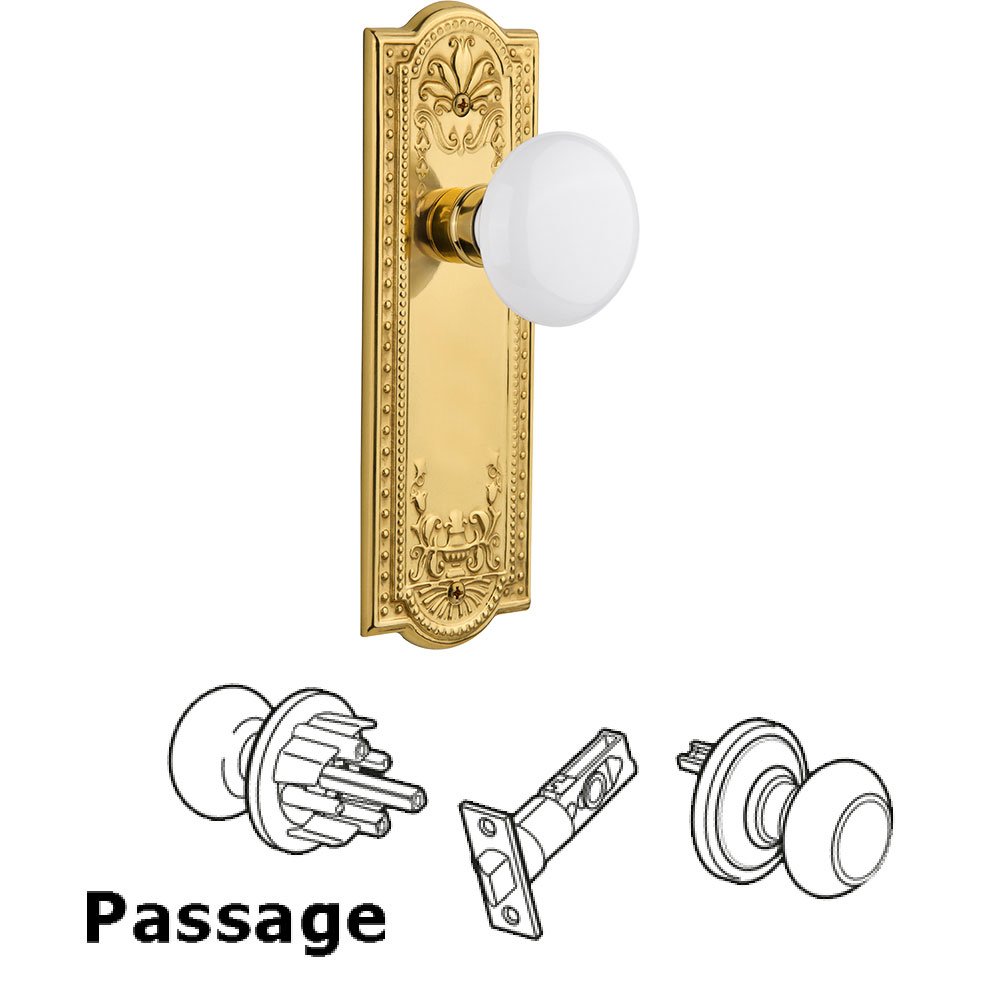Passage Knob - Meadows Plate with White Porcelain Door Knob in Polished Brass
