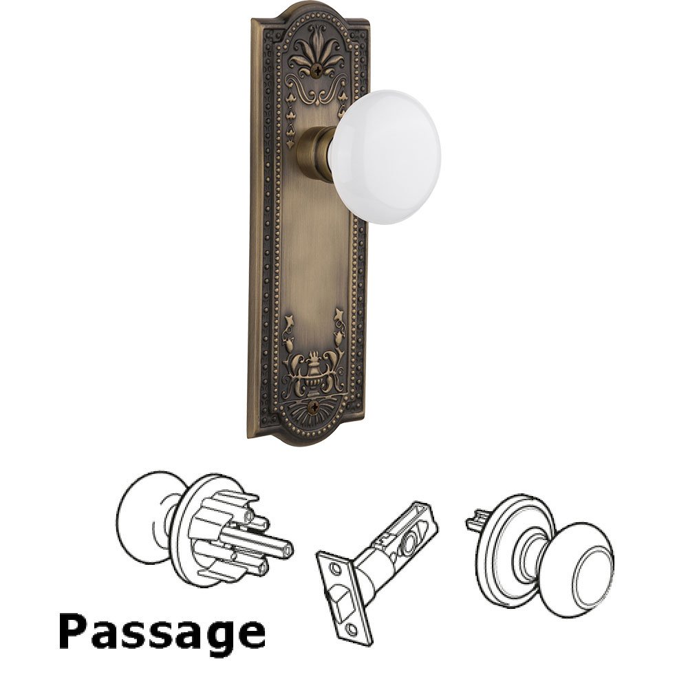 Passage Meadows Plate with White Porcelain Door Knob in Antique Brass