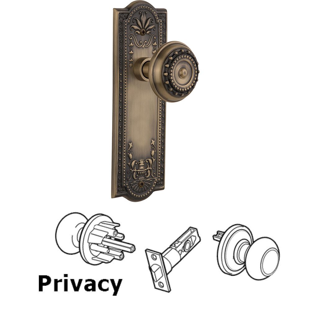 Privacy Knob - Meadows Plate with Meadows Door Knob in Antique Brass